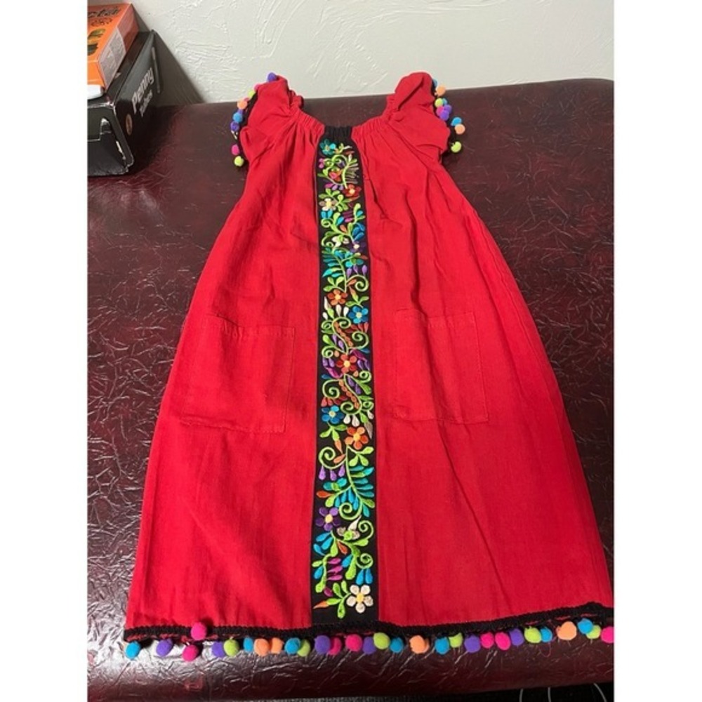 Girls' Red Embroidered Pom-Pom Dress - Size 8